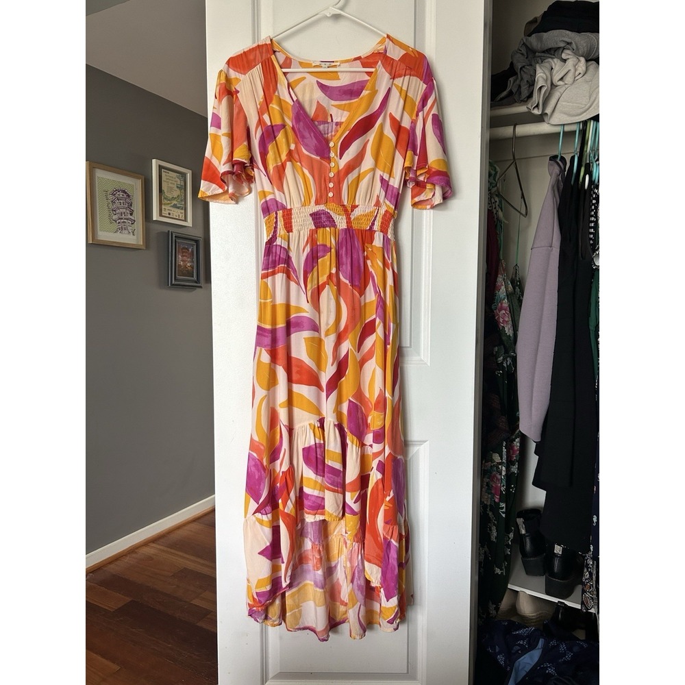 Abel the Label Anthropologie Swish Hi Lo Dress Smock Waist Size Medium Abstract